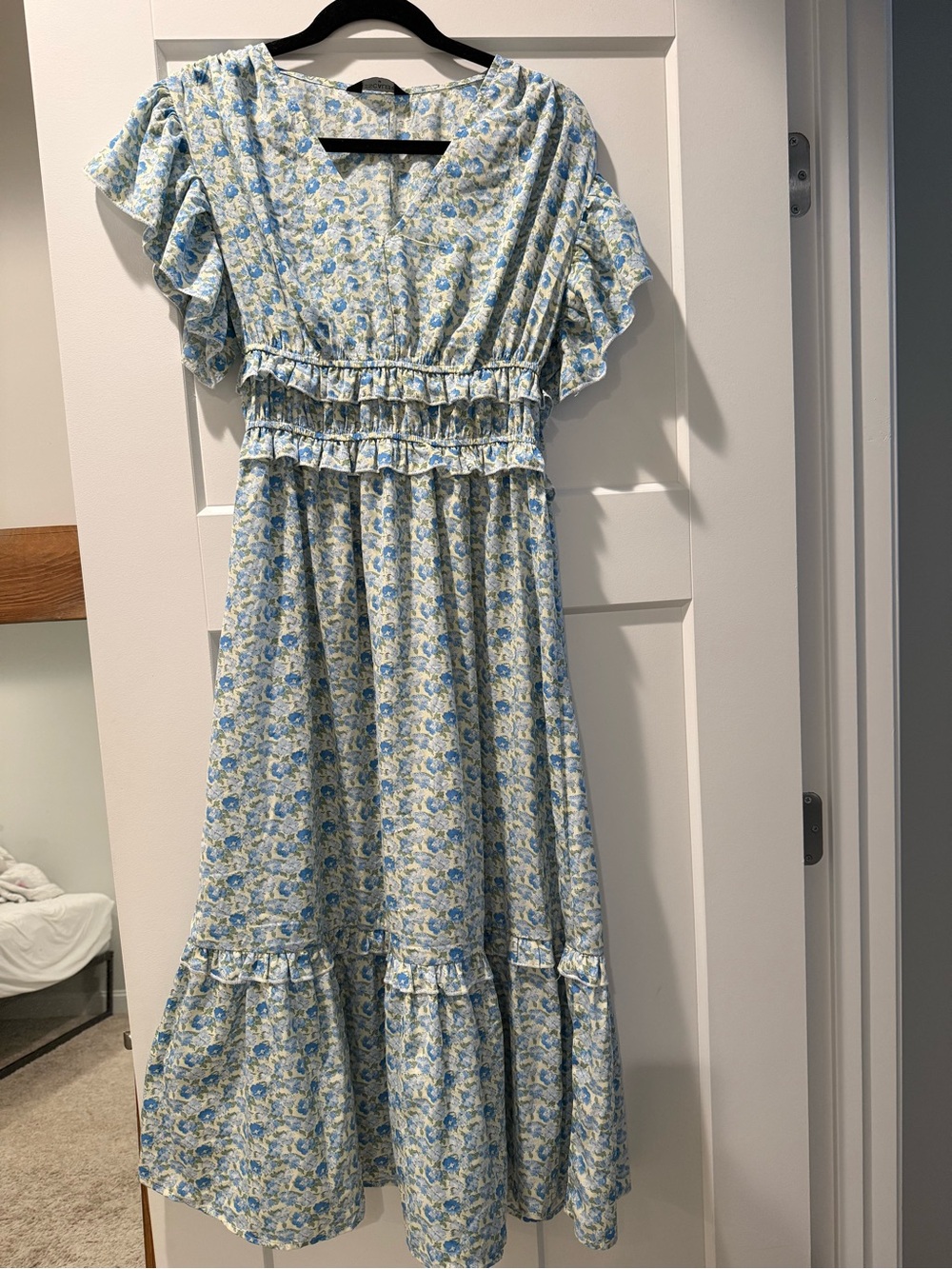 Blue Floral Ruffle Midi Dress